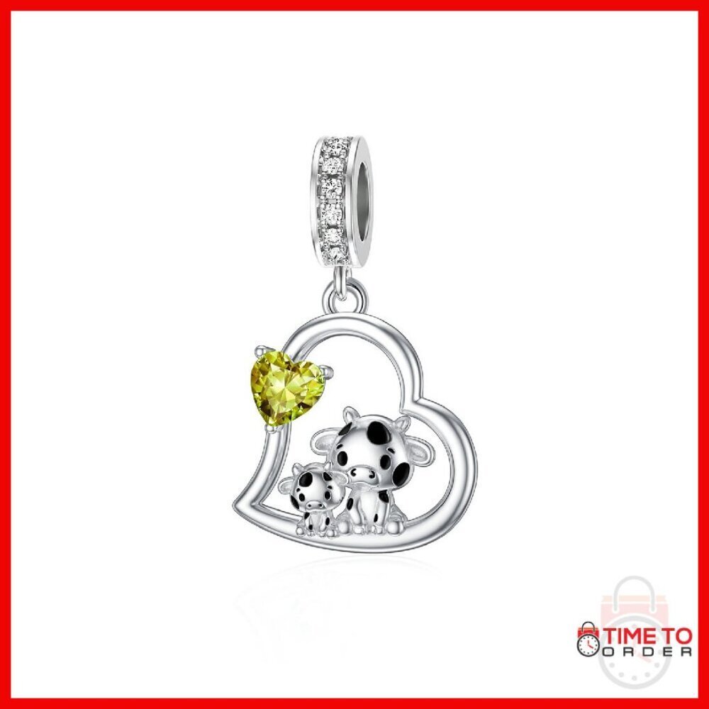 Sterling Silver Cow Charm Birthstone Pendant for Bracelets